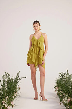 Fırfır Detaylı Şifon Kumaş Mini Ulya Elbise Yeşil