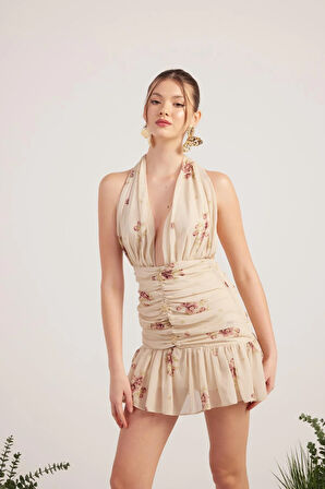 Çiçekli Şifon Kumaş Mini Yolanda Elbise Bej