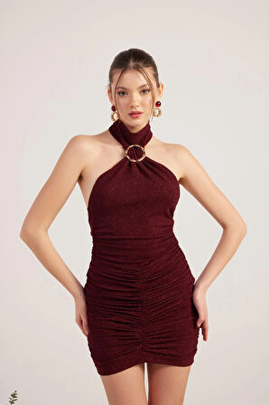 Halter Yaka Simli Mini Abbey Elbise Bordo