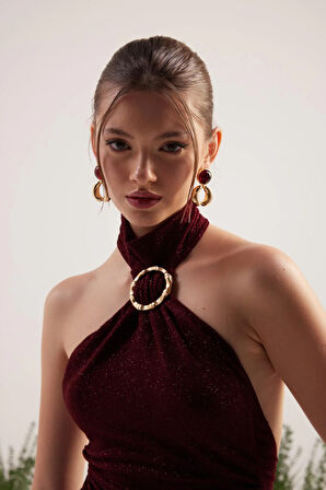 Halter Yaka Simli Mini Abbey Elbise Bordo