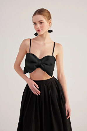 Kurdele Görünümlü Crop Jazmin Bluz Siyah
