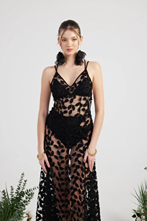 Özel Yapım Yaprak Kumaşlı Uzun Beatriz Elbise Siyah