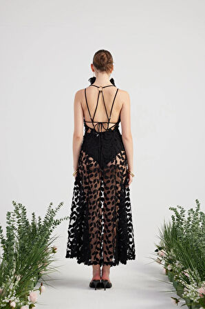 Özel Yapım Yaprak Kumaşlı Uzun Beatriz Elbise Siyah