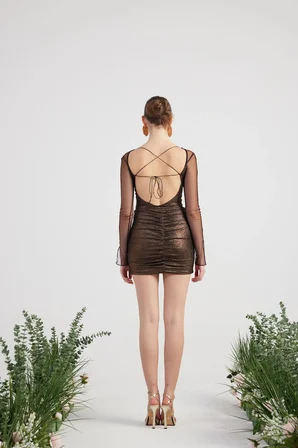 Parlak Kumaşlı Bodysuit Etek Lunor Takım Kahve