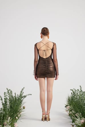 Parlak Kumaşlı Bodysuit Etek Lunor Takım Kahve