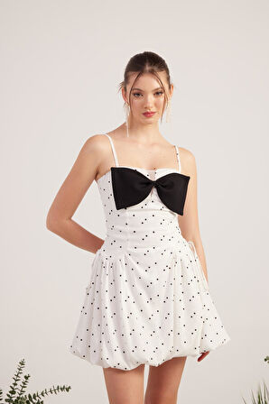 Puantiyeli Kurdele Detaylı Balon Etekli Mini Erica Elbise Beyaz