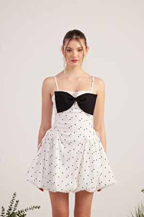 Puantiyeli Kurdele Detaylı Balon Etekli Mini Erica Elbise Beyaz