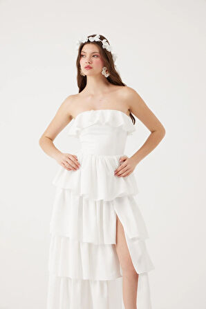 Straplez Fırfırlı Uzun Gracie Elbise Beyaz