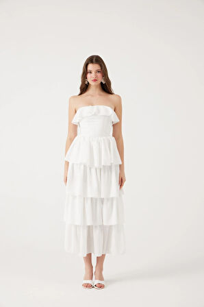 Straplez Fırfırlı Uzun Gracie Elbise Beyaz