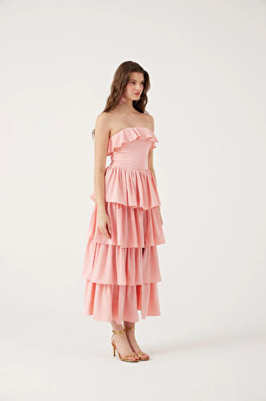 Straplez Fırfırlı Uzun Gracie Elbise Pembe