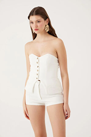 Yüksek Bel Fermuarlı Mini Bailey Şort Beyaz
