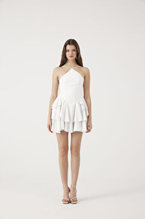 Fırfırlı Halter Yaka Mini Keira Elbise Beyaz
