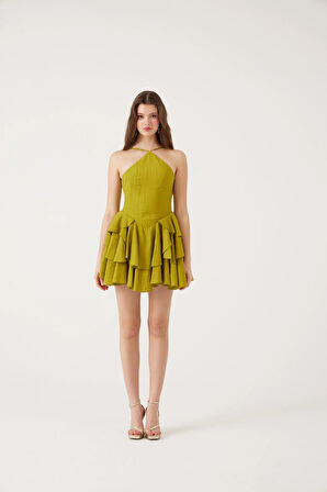 Fırfırlı Halter Yaka Mini Keira Elbise Yeşil