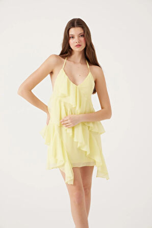 Fırfırlı Boyundan Bağlamalı Mini Lea Elbise Sarı