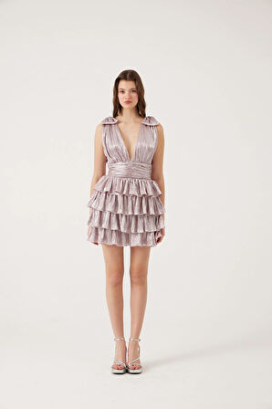 Parlak Kumaşlı Fırfırlı Mini Paole Elbise Pembe