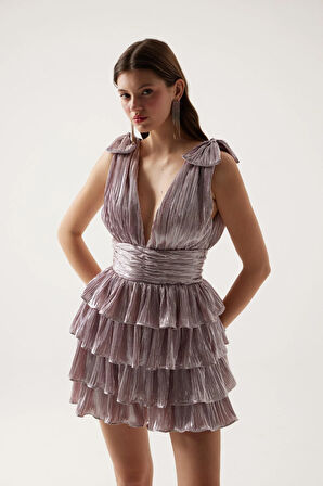 Parlak Kumaşlı Fırfırlı Mini Paole Elbise Pembe