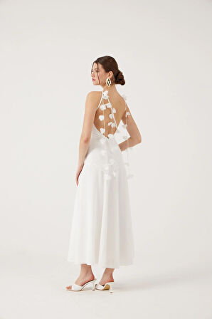 Askıları Yaprak Detaylı Uzun Raina Elbise Beyaz