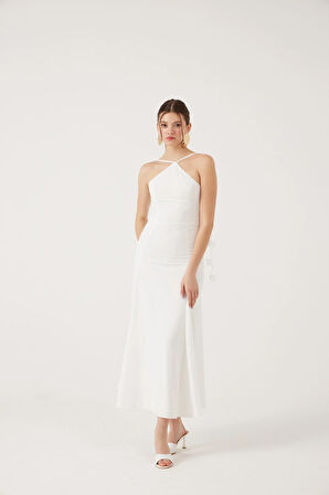 Askıları Yaprak Detaylı Uzun Raina Elbise Beyaz