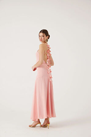 Askıları Yaprak Detaylı Uzun Raina Elbise Pembe