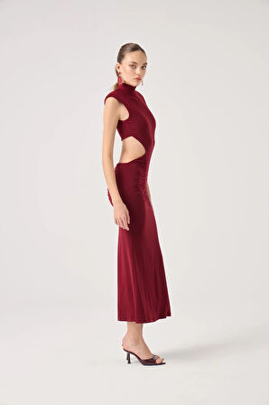 Balıkçı Yaka Bel Dekolteli Uzun Zuzana Elbise Bordo