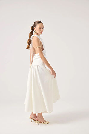 Fermuarlı Uzun Elenor Etek Beyaz