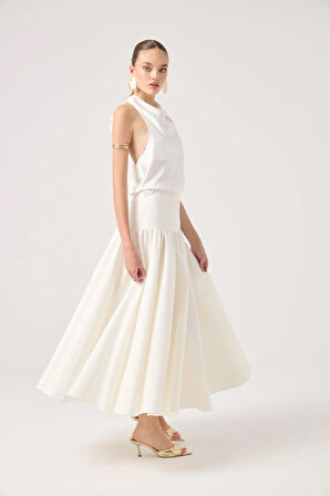 Fermuarlı Uzun Elenor Etek Beyaz