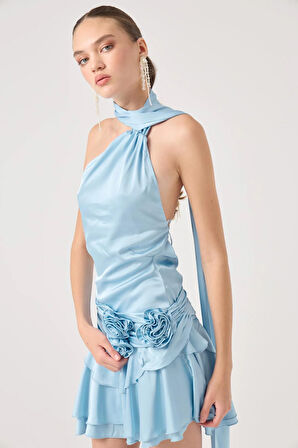 Kemerli Mini Saten Giana Elbise Mavi