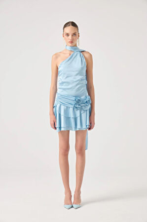 Kemerli Mini Saten Giana Elbise Mavi