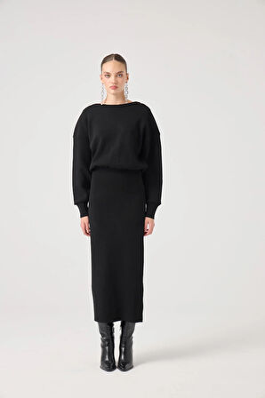 Soft Dokulu Uzun Jacey Triko Elbise Siyah