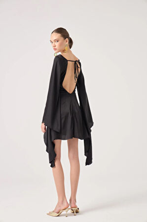 Sırtı Açık İspanyol Kol Saten Halle Elbise Siyah