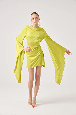 Sırtı Açık İspanyol Kol Saten Halle Elbise Yeşil