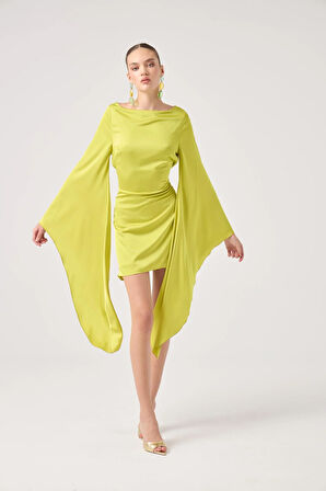 Sırtı Açık İspanyol Kol Saten Halle Elbise Yeşil