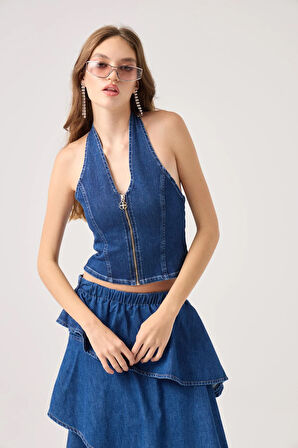 Boyundan Askılı Kaela Jean Yelek Mavi