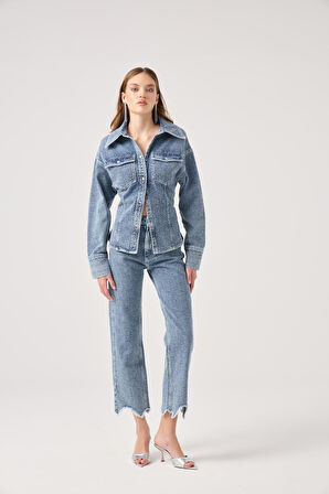 Özel Kumaş Efektli Belden Oturmalı Laura Jean Ceket Mavi