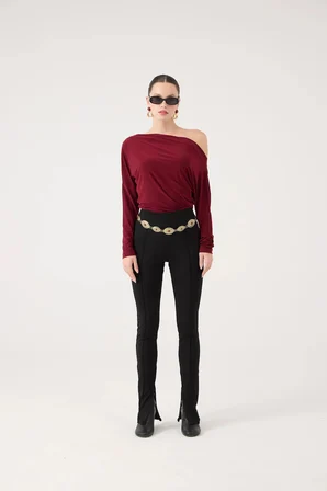 Asimetrik Yaka Talia Bluz Bordo