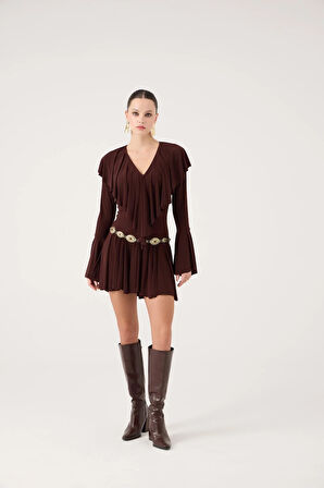 Fırfırlı Mini Yolanthe Elbise Kahve