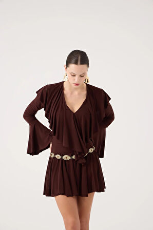 Fırfırlı Mini Yolanthe Elbise Kahve