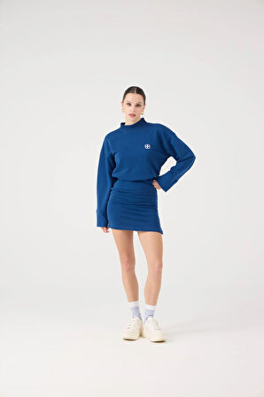 Yırtmaçlı Dokuma Kumaş Mini Claire Elbise Mavi