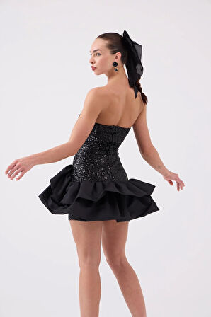 Payetli Mini Frencesca Elbise Siyah