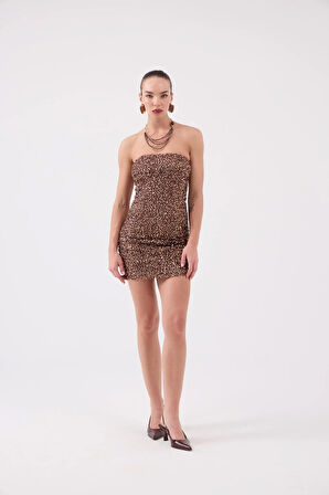 Payetli Straplez Mini Genesis Elbise Kahve