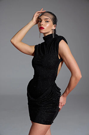 Sırtı Açık Simli Mini Judy Elbise Siyah