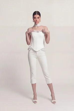 Orta Bel Likralı Una Capri Pantolon Beyaz