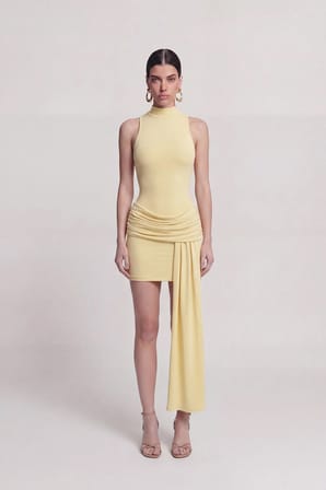 Sırtı Açık Eteği Drapeli Mini Daisy Elbise Sarı