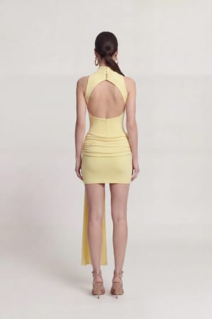 Sırtı Açık Eteği Drapeli Mini Daisy Elbise Sarı