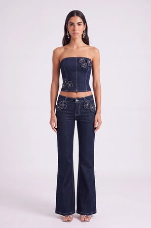 Çiçek Detaylı Düşük Bel Flare Clover Jean Pantolon Lacivert