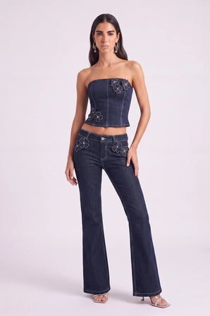 Çiçek Detaylı Düşük Bel Flare Clover Jean Pantolon Lacivert