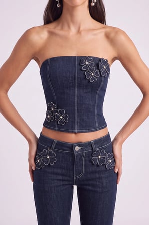 Çiçek Detaylı Straplez Kesim Clover Jean Büstiyer Lacivert