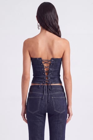 Çiçek Detaylı Straplez Kesim Clover Jean Büstiyer Lacivert
