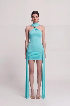 Halter Yaka Aksesuarlı Mini Lilian Elbise Turkuaz
