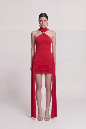Halter Yaka Aksesuarlı Mini Lilian Elbise Kırmızı